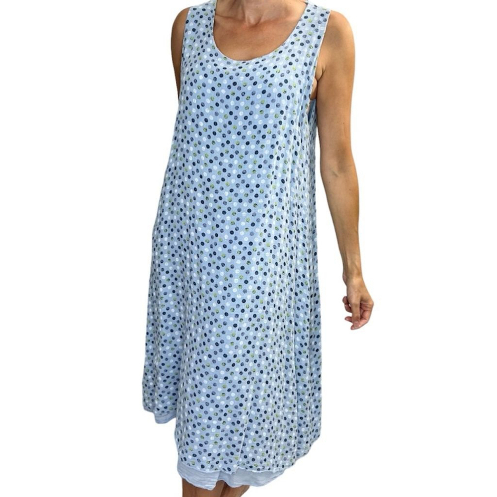 Frocella Made In Italy 100% Cotton Blue Polka Dot A Line Sleeveless Midi Dress